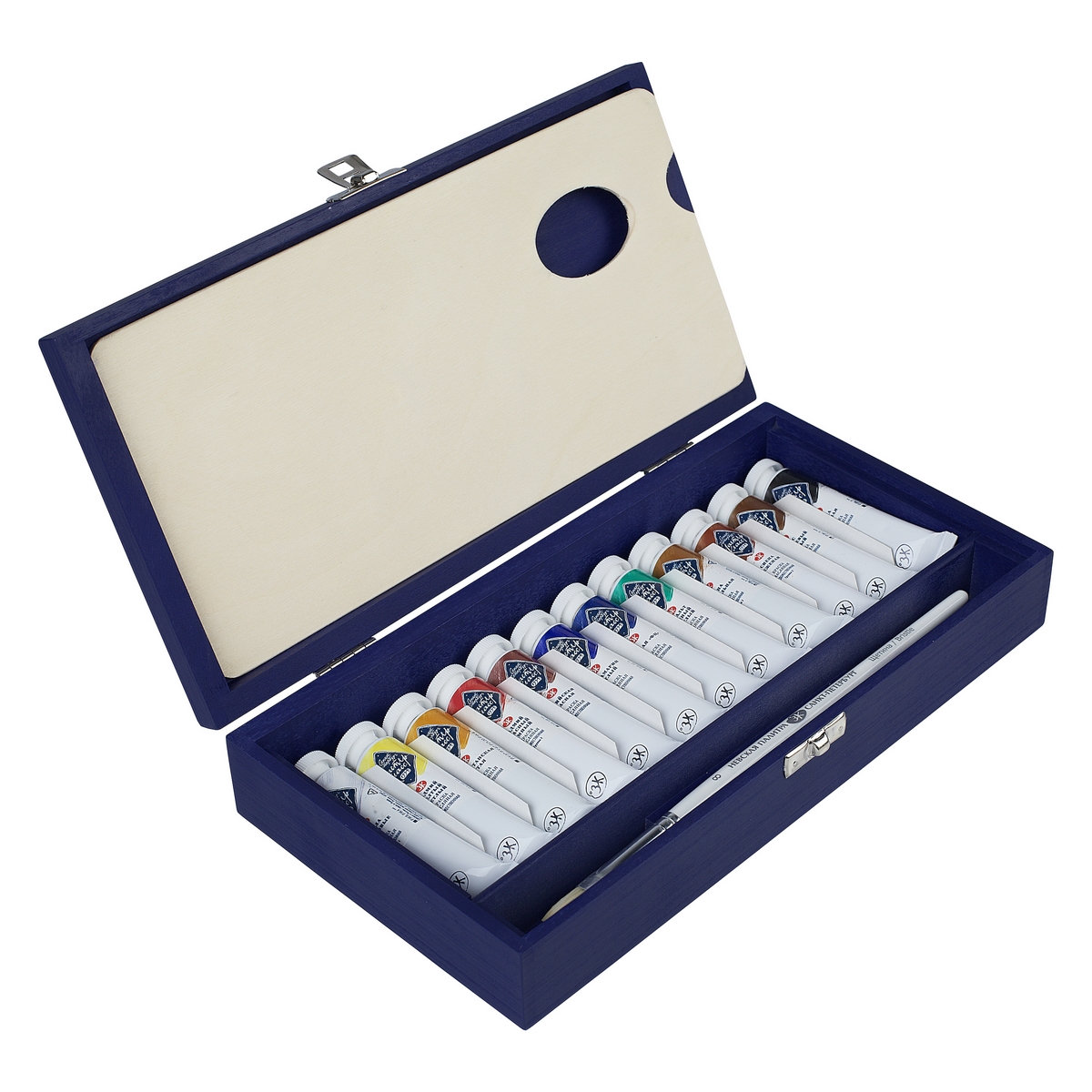 Oil paints gift set in a  blue wooden box, 12 colors of 18 ml, brush