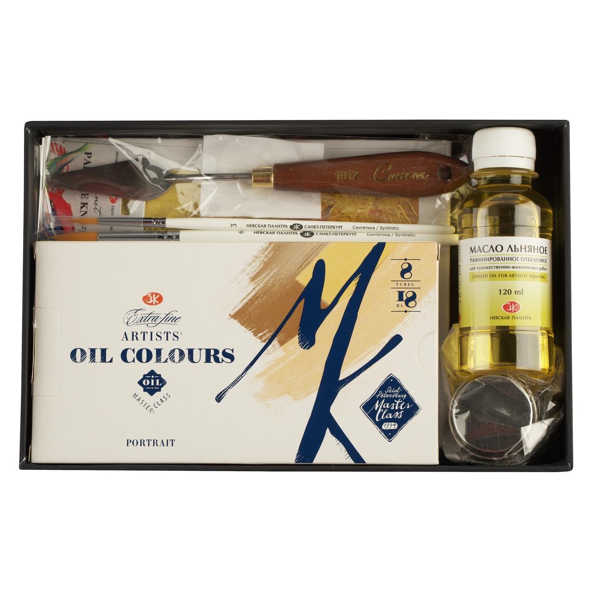Oil paints gift set Master-Class Portrait 8 colours in 18 ml tubes, single dipper with cover , bleached refined linseed-oil , palette knife , canvas panels , brushes, cardboard box