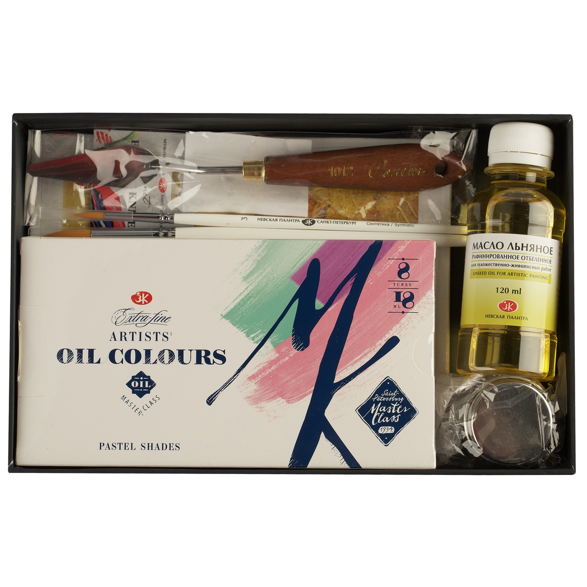 Oil paints gift set Master-Class Pastel shades 8 colours in 18 ml tubes, single dipper with cover , bleached refined linseed-oil , palette knife , canvas panels , brushes, cardboard box