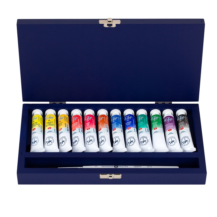 Watercolour set "White Nights", blue wooden box with squirrel brush