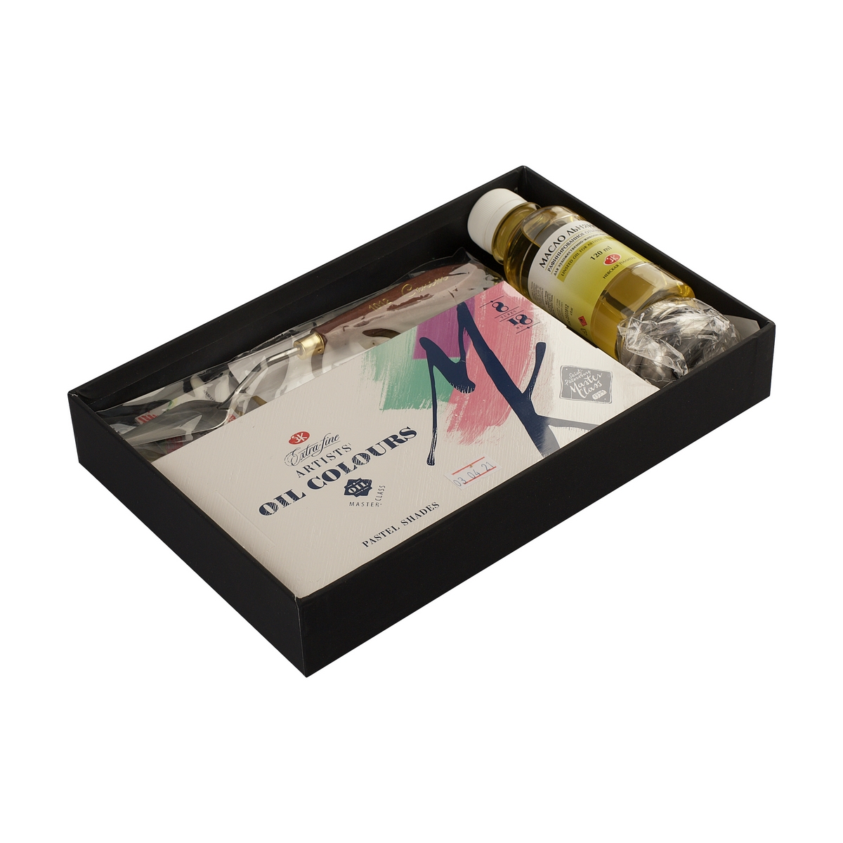 Oil paints gift set Master-Class Pastel shades 8 colours in 18 ml tubes, single dipper with cover , bleached refined linseed-oil , palette knife , canvas panels , brushes, cardboard box