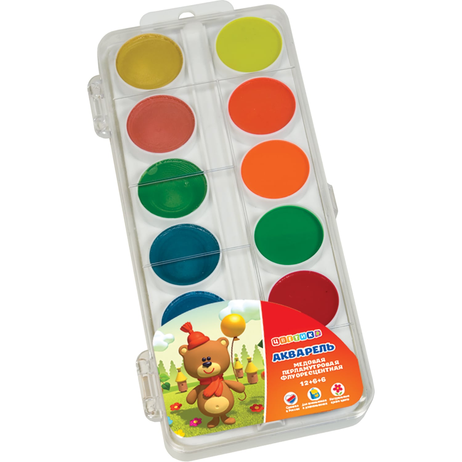 Honey Watercolour "Tsvetic", 24 colours, plastic pencil case