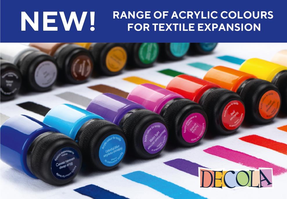 A SET OF ACRYLIC COLOURS FOR TEXTILE, 18 COLOURS OF 20 ML